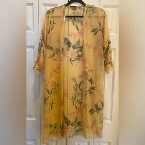 Papaya Chiffon Kimono Open‎ Front Duster Roused Sleeve Gold Spring Floral M EUC
